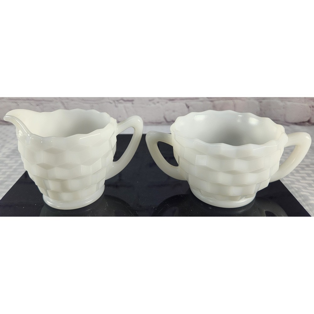 Vintage Milk Glass Sugar Bowl & Creamer with Block / Basket Weave Design
